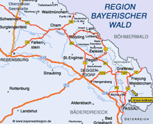 Karte und Anfahrts-Beschreibung Hauzenberg bei Dreiflüsse-Stadt Passau Bayr. Wald